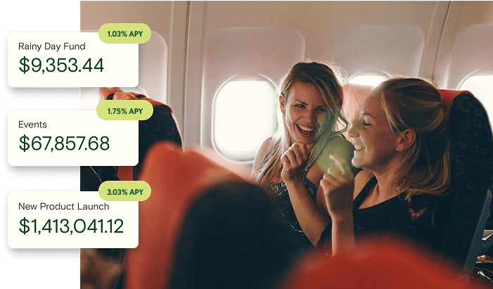two people on an airplane with savings accounts with APY varying from 1.75% to 3.03%